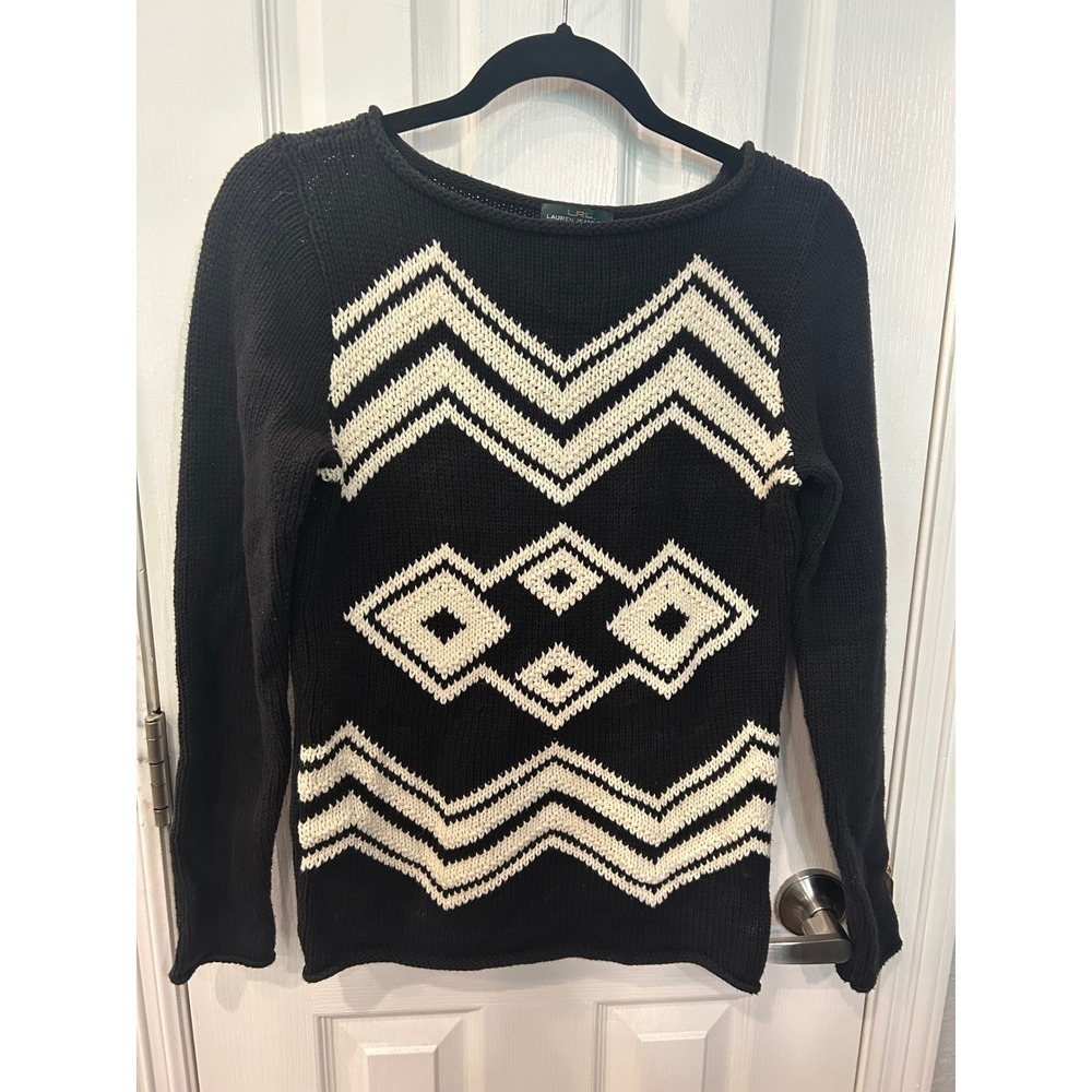 Lauren Ralph Lauren Sweater Black White Geometric Intarsia Knit Pullover S